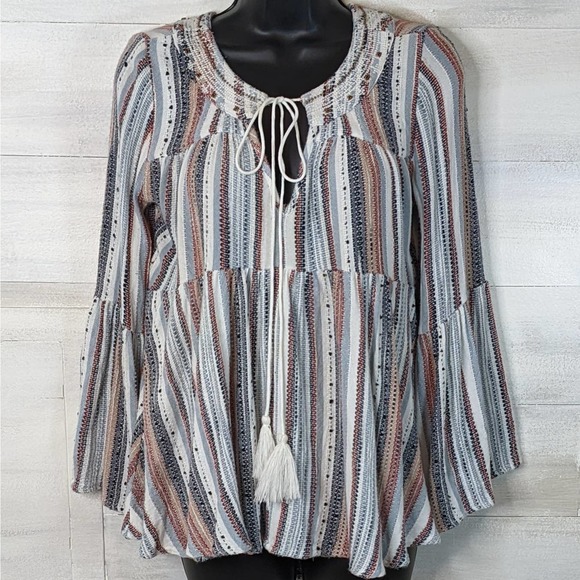 Striped Flowy Hippie Boho Indie Loose Fit Cropped Top w/ Beaded Neckline Size S - Picture 1 of 5